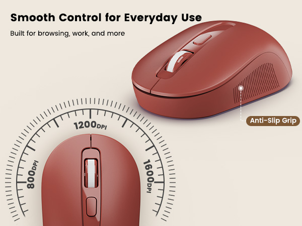 Burgundy wireless mouse with adjustable DPI and anti-slip grip for smooth control.