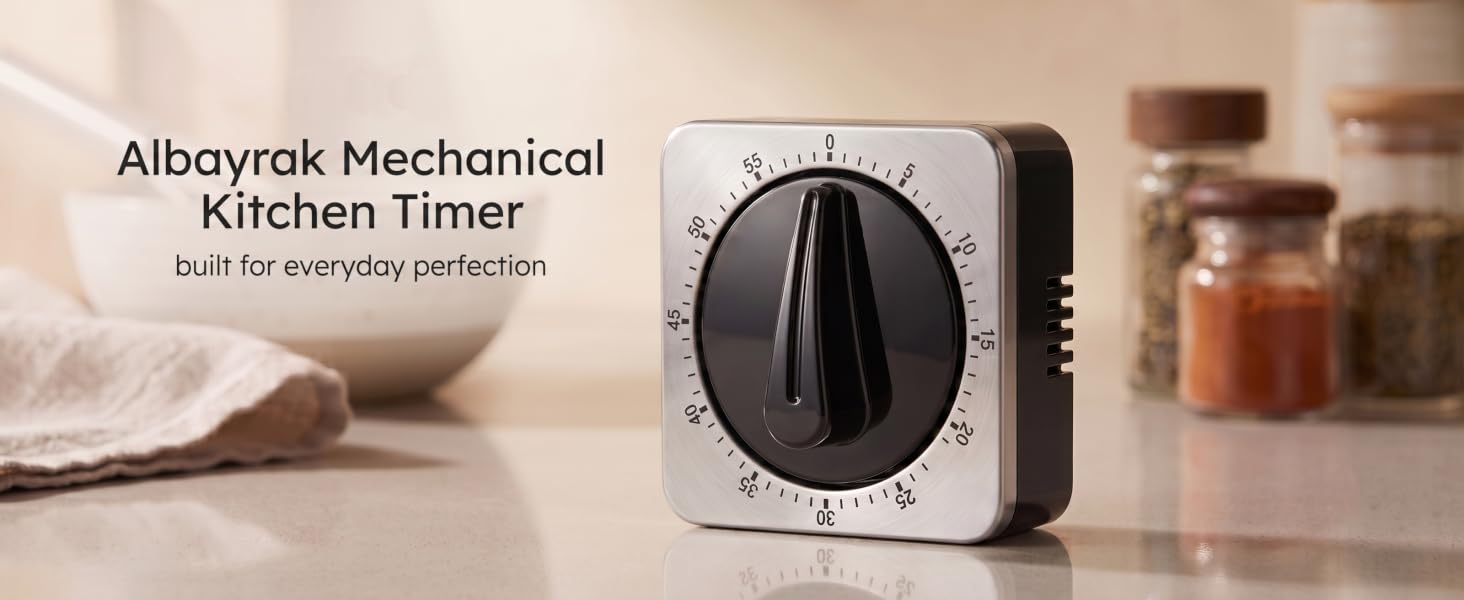 Albayrak stainless steel 60-minute mechanical kitchen timer on counter.