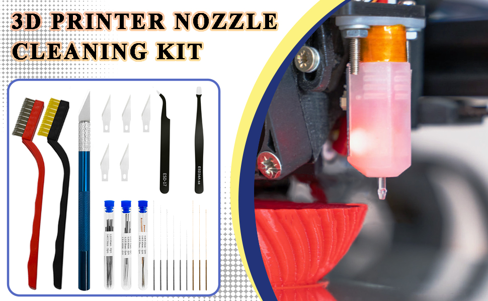 3D printer nozzle cleaning kit containing various tools including bent needles, picks, brushes, and cleaning pins displayed in organized layout with demonstration image.