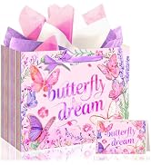 Aobkiat 13" Large Butterfly Gift Bag for Mothers Day,with Greeting Card,3 Color Tissue Papers,Gli...