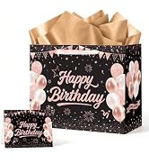 WNINK Large Black Rose Gold Happy Birthday Gift Bag, 13 Inch Gift Bag with Handles, Tissue Paper ...