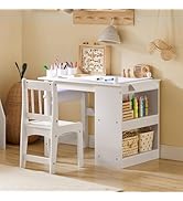 Haotian Kids Craft Table and Chair Set with Paper Roller, Paint Cups & Storage Shelves, 2 in 1 Wo...