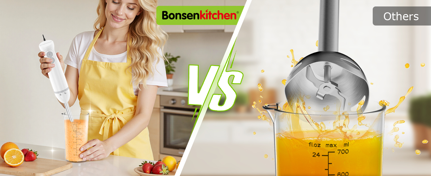 Split image comparing food preparation methods. Left: person using handheld blender. Right: traditional blender with orange liquid.