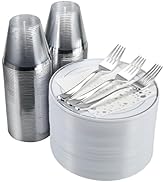 Stylish Silver Plate, Disposable Cups, Forks and Cocktail Napkins (100 Set of Each) - 7.5 Inch Si...