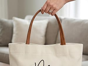 Comfortable premium brown leather handles on personalized wedding tote bag