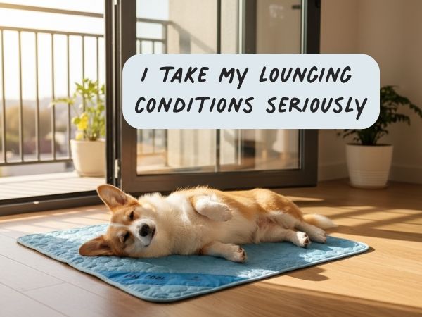 corggie lying on cooling mat in the sun