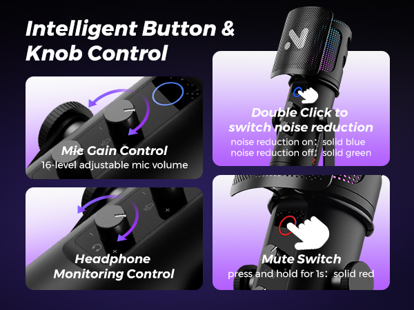 Microphone control panel featuring intelligent button and knob controls. Includes mic gain adjustment, headphone monitoring, mute switch, and noise reduction toggle activated by double-clicking.