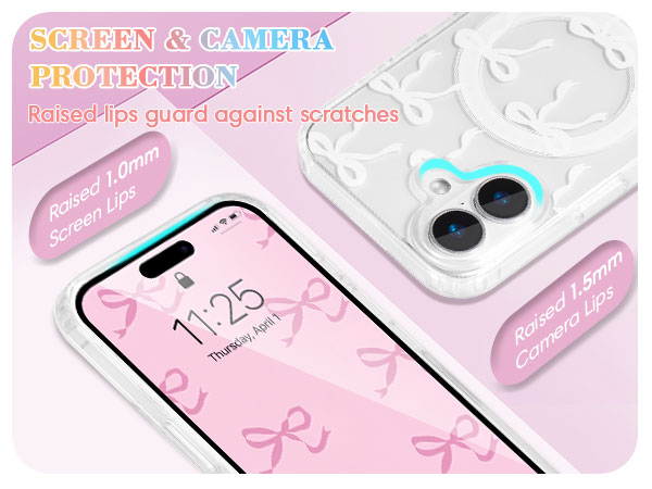 Text reads 'SCREEN & CAMERA PROTECTION'. Product image showing iPhone with pink bow pattern screen protector and camera lens protective covering in white.