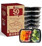 Reli. Meal Prep Containers, 30 oz. (50 Pack) - Black 2 Compartment Food Containers with Lids, Mic...
