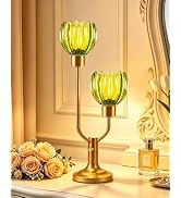 TECHYAP Green Glass Flower Table Lamp for Bedroom Dimmable Nightstand Lamp | Mid Century Modern V...