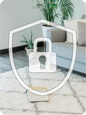 Living room with blue couch and large white area rug with graphic of a lock with a keyhole on top.