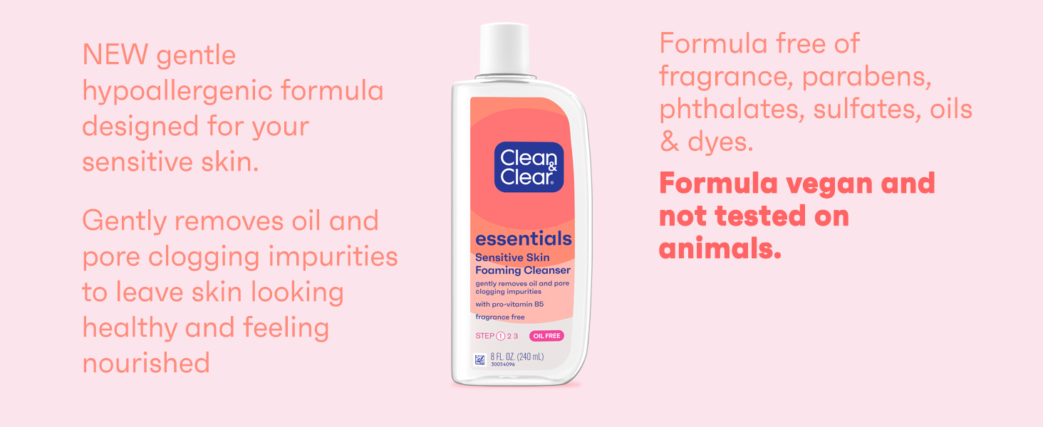 Clean & Clear Essentials Foaming Cleanser on pink background, formula vegan, not tested on animals