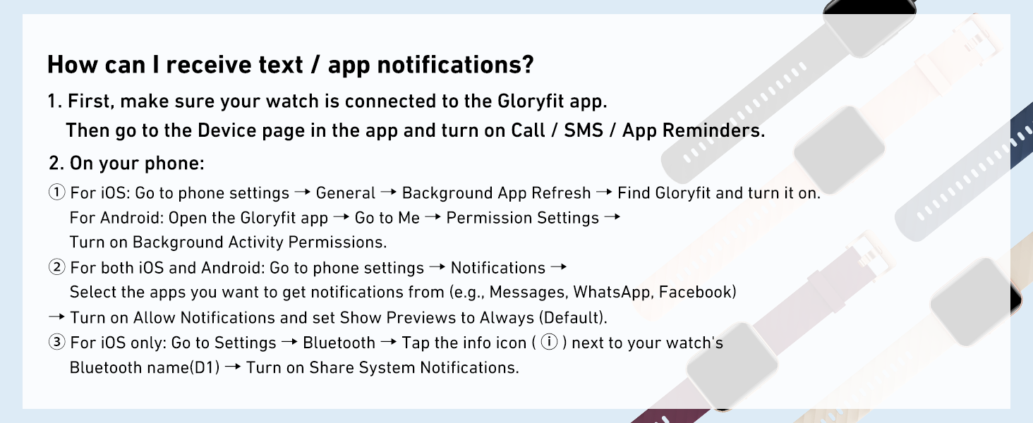 Guide to receive text and app alerts on smartwatch via Gloryfit app. iOS & Android settings.