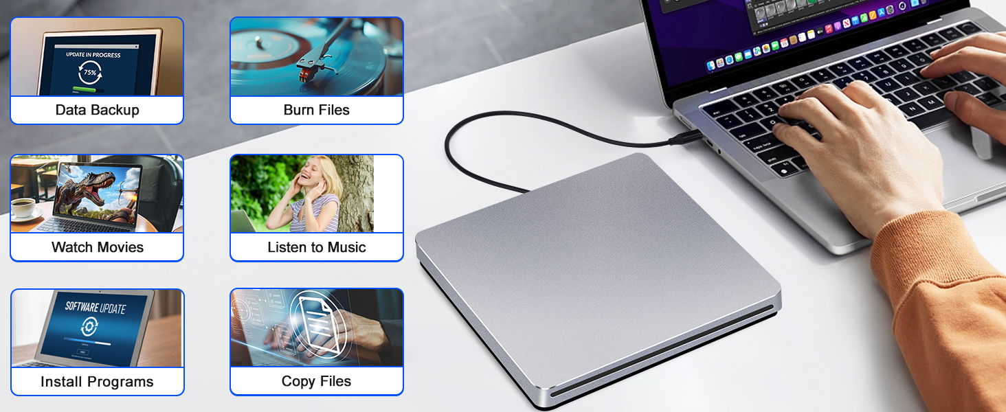 This CD drive for Mac supports to backup data/burn files/watch movies/listen to music/install system