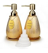 Gold Hand Soap Dispenser Set,2 Pack 13.5oz Ceramics Soap Dispenser with Tray,Brushed Gold Hand So...