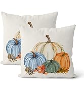 DAFENA Fall Pillow Covers 18x18 Inch 2 Pcs Blue Orange Green Pumpkin Decor Throw Pillows Autumn M...