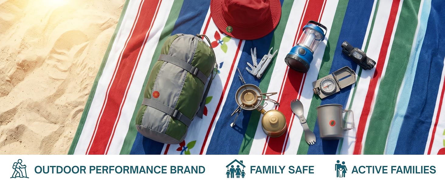 Camping gear flatlay with mosquito patches on sleeping bag and hat, lantern, compass, and cookware