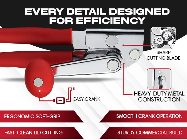 Can Opener Heavy Duty - Manual Hand Crank for Large Cans with Anti-Slip Grip - Stainless Steel