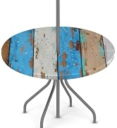 Outdoor Round Fitted Tablecloth - Elastic Edge Circular Table Cloth with Umbrella Hole & Hidden Z...
