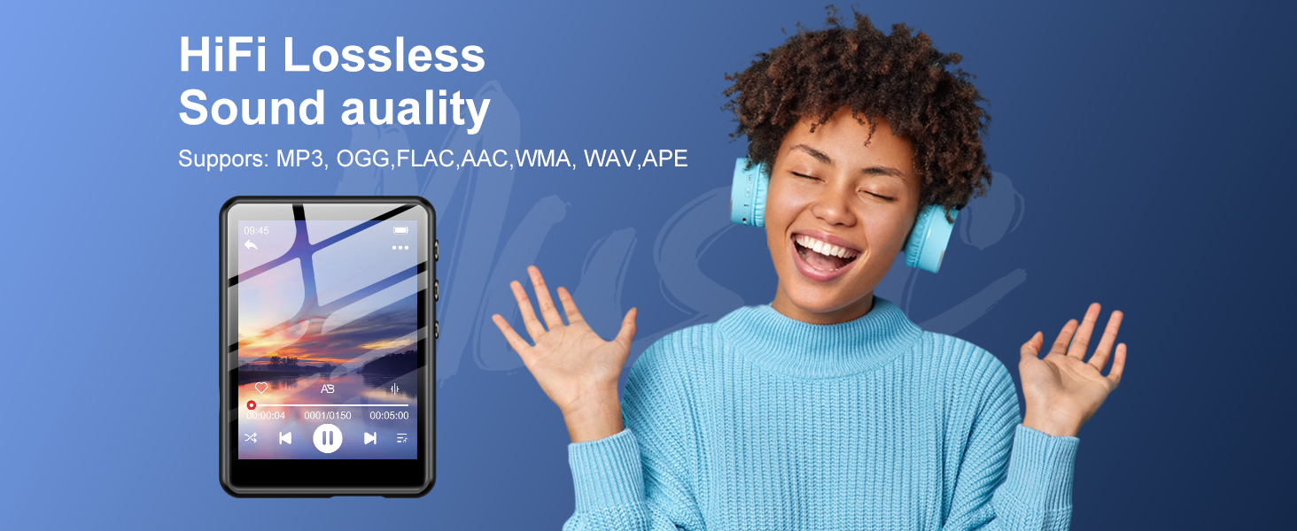 Portable music player with touchscreen displaying sunset image. Text promotes HiFi Lossless Sound quality, supporting multiple audio formats including MP3, OGG, FLAC, AAC, WMA, and WAV APE.