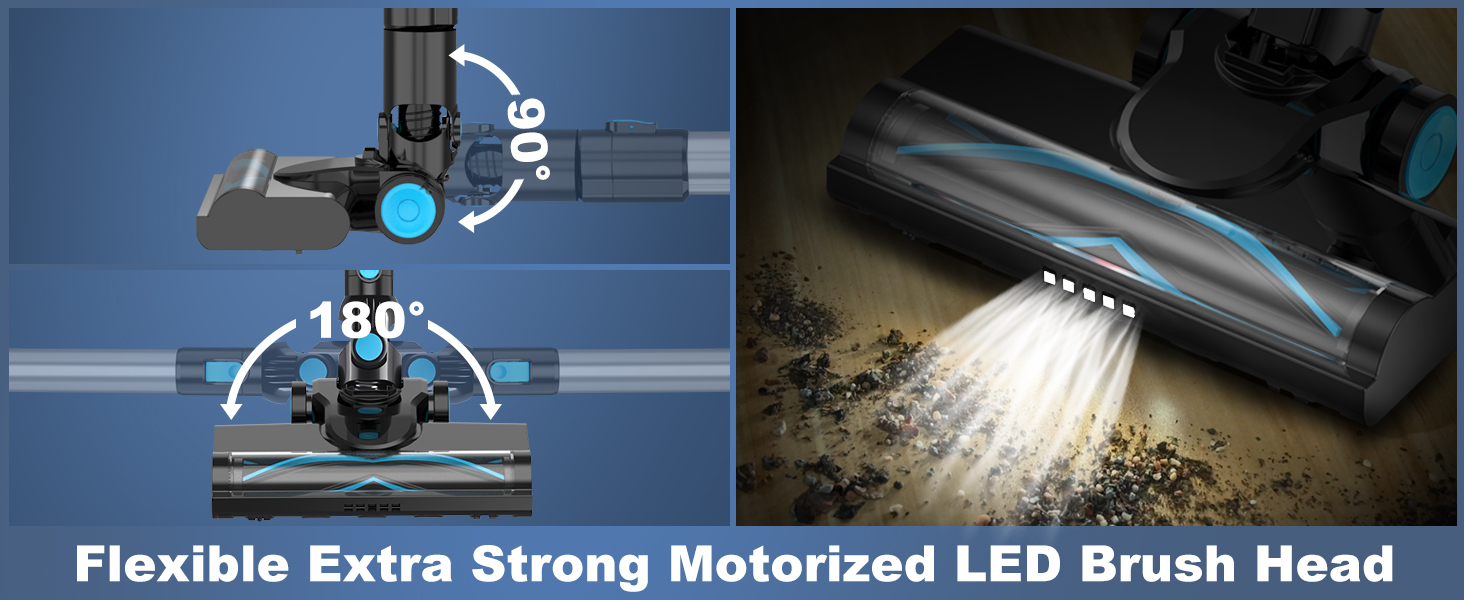 Flexible motorized led brush head illuminates hidden dust in dark tight corners