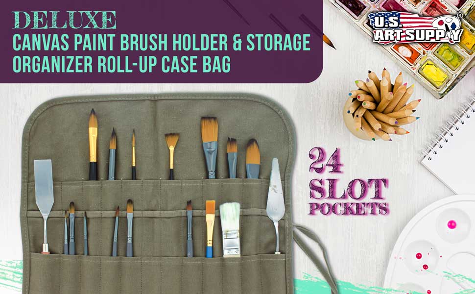 Deluxe 24-slot canvas roll-up brush holder for storing and protecting paintbrushes, pens, and tools.