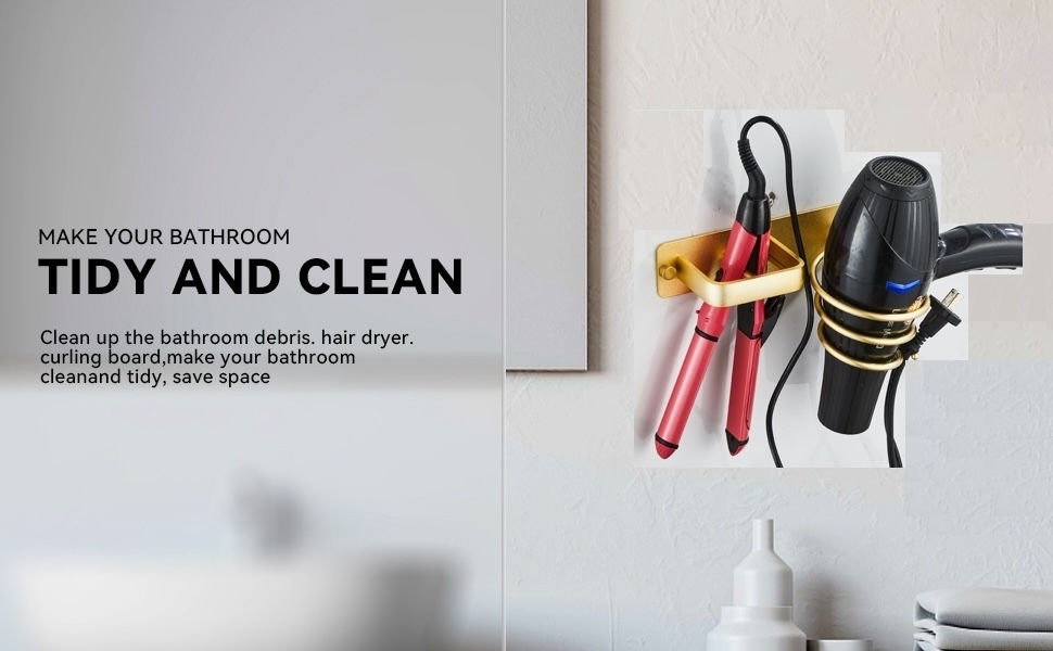 Wall-mounted bathroom organizer holding hair dryer and styling tools. Text promotes tidy and clean bathroom organization.