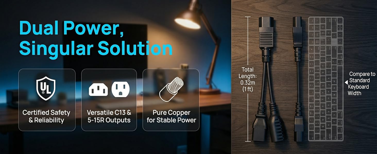 C14 to C13+5-15R Y Split Short Power Adapter Cord