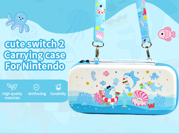 Cute Switch 2 Carrying Case, Kawaii Shark Travel Carry Case with Shoulder Strap