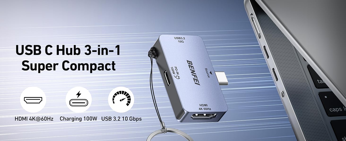 BENFEI USB C Hub 3-in-1, Super Compact, USB-C to HDMI 4K@60Hz, 10Gbps USB-A, 100W Power Delivery