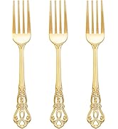 Joyido 150PCS Gold Plastic Forks - 8.1inch Gold Forks Disposable - Vintage Heavy Duty Dessert For...