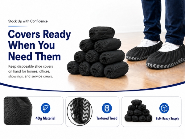 Stacked disposable black disposable shoe covers with textured tread and bulk-ready supply