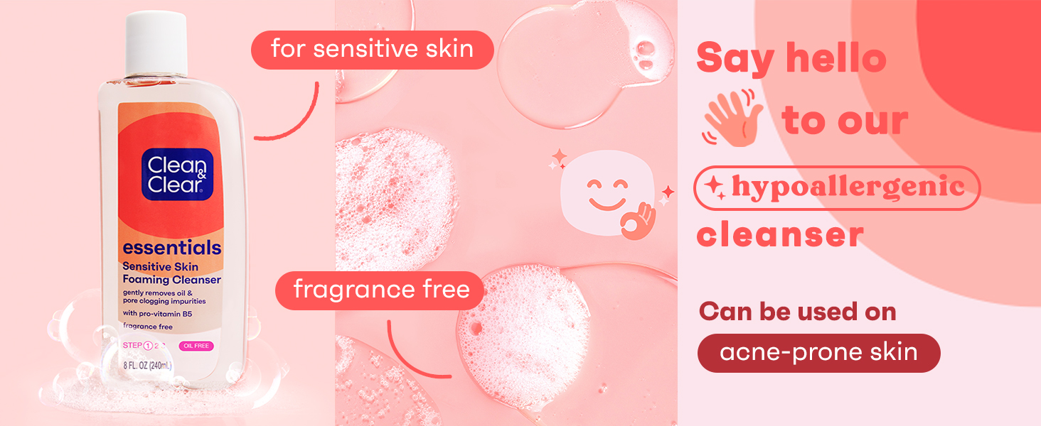 Bottle of Clean & Clear Foaming Cleanser on pink background with smiley next to product bubbles