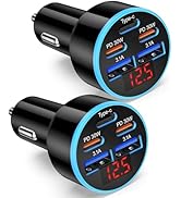 90W USB C Fast Car Charger, 2-Pack 5 Port USB C Car Phone Charger with Voltage Display, Dual PD 3...