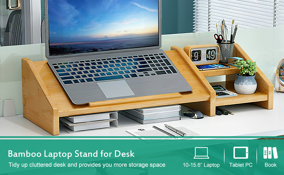 desktop laptop stand with 2 tier storage shelf