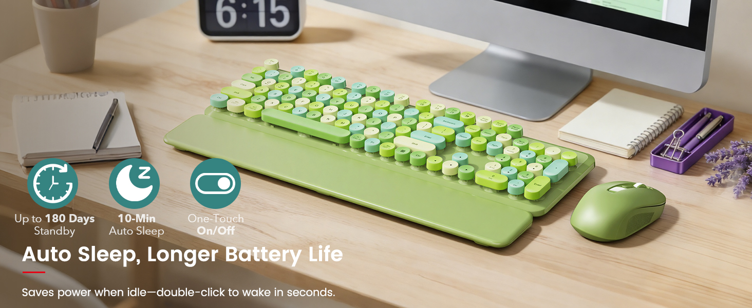 Green keyboard and mouse with wrist rest on desk, showing auto sleep and battery-saving design