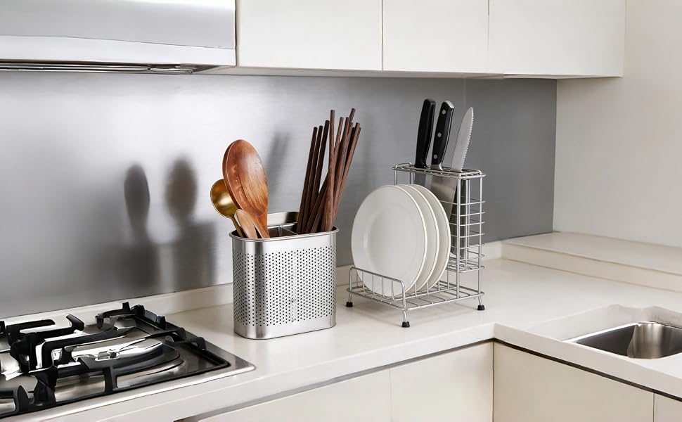 2-compartment stainless steel organizer for tidy utensil storage.