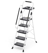 KINGRACK Sturdy Steel 5 Step Ladder, Folding Step Stool with Handrail, Anti-Slip Wide Pedals, Saf...