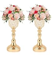 Kehail 2pcs Elegant Crystal Trumpet Metal Centerpiece Vases, Wedding Table Decoration Flower Stan...