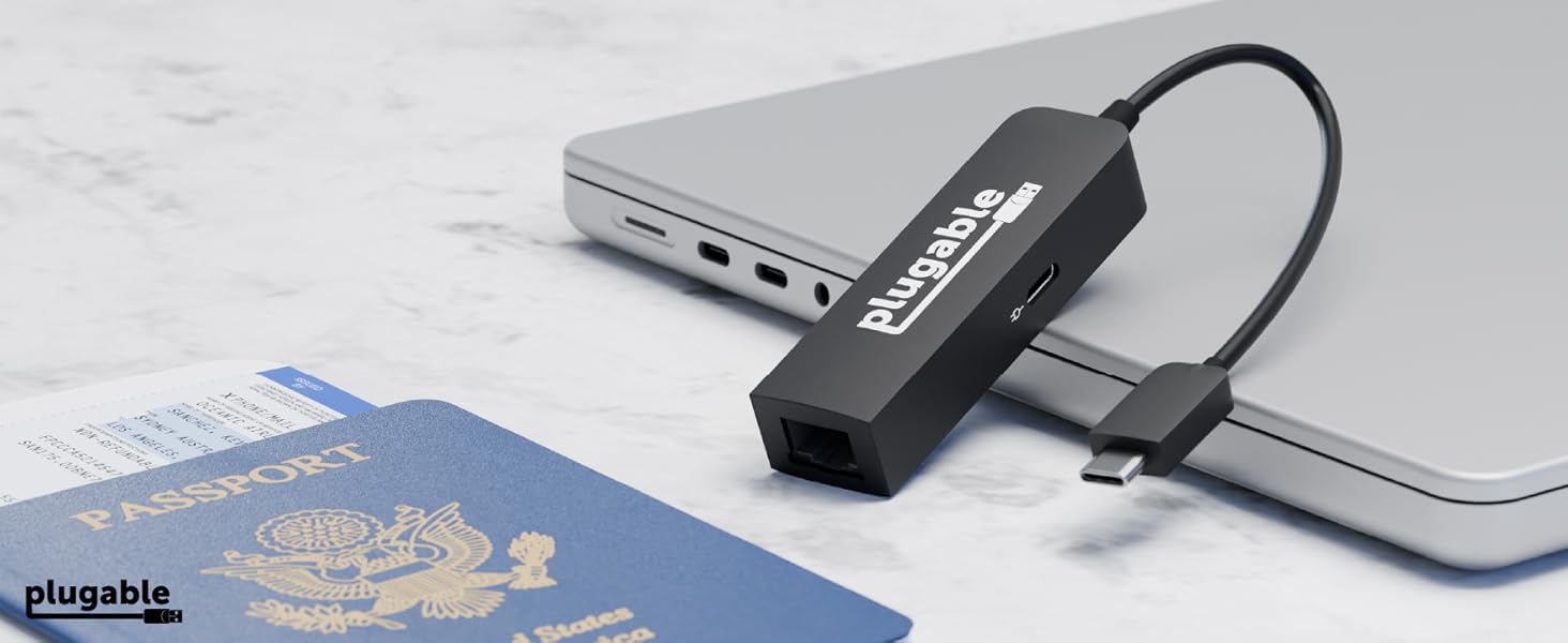 Plugable USB C 2.5Gbps ethernet adapter with pass through charging on laptop