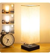 Bedside Small Table Lamp for Nightstand, 3-Color Options Solid Wood Lamp with Fabric Shade, Minim...