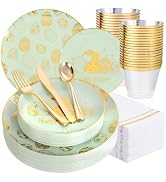 Festiva 175Pcs Easter Plates and Napkins Disposable - Green and Gold Plastic Dinnerware Set for 5...