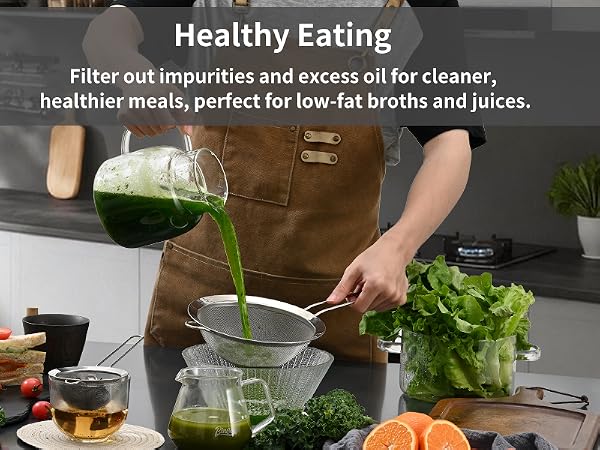 304 stainless steel strainer filters impurities and excess oil perfect for low-fat broths and juice