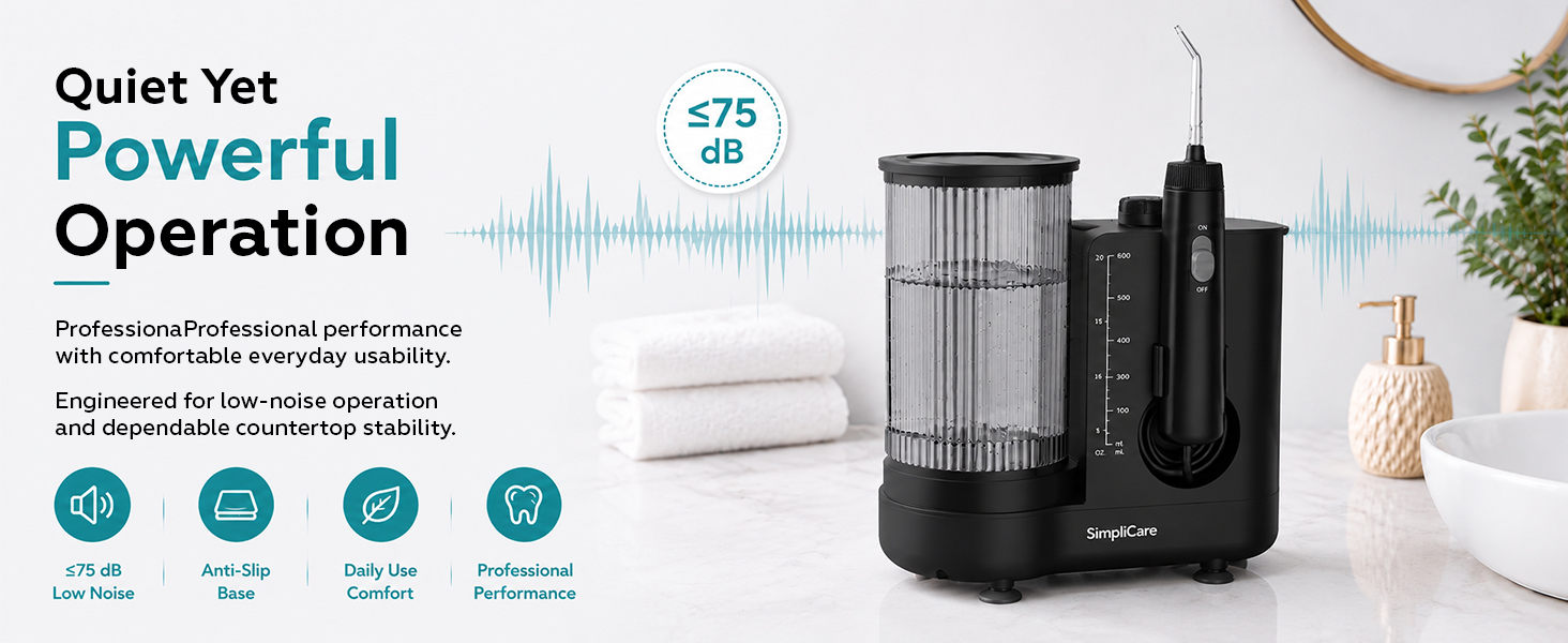 SimpliCare FC1761 countertop water flosser with 10 pressure levels, 600ml tank and 8 tips.