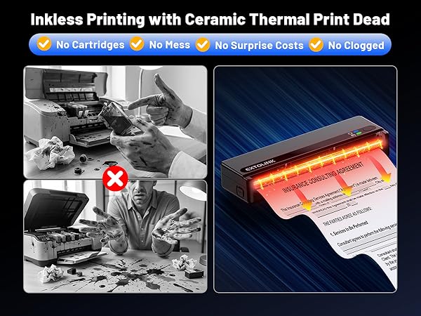 Text reads 'Inkless Printing with Ceramic Thermal Print Head'. Multiple technical images showing printing process with thermal technology, including close-up of print heads and printed output samples.