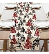 Croar Christmas Tree Dining Table Runner, Xmas Red Black Pine Trees Snowflake Farmhouse Burlap Ki...