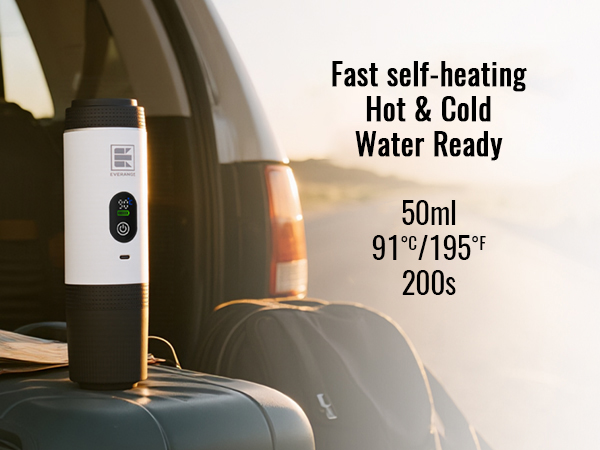 Text reads 'Fast self-heating Hot & Cold', 'Water Ready', and '50ml'. Product interface or control panel with digital display and buttons.
