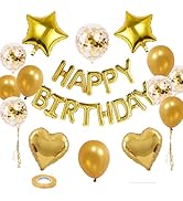 WEIKA 27 Pcs Gold Birthday Decorations, 3D Foil Gold Happy Birthday Balloon Banner, Pentagram Hea...