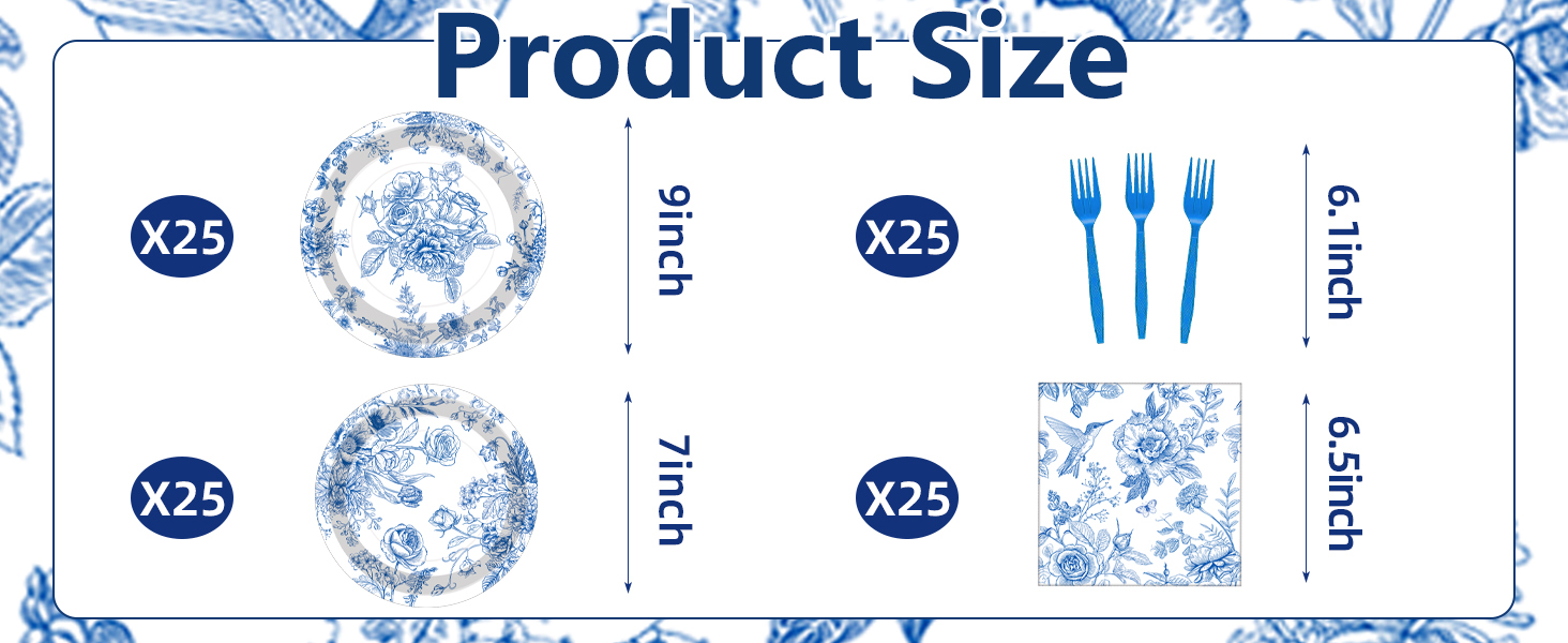 100 Pcs Blue and White Floral Tableware Party Supplies Set