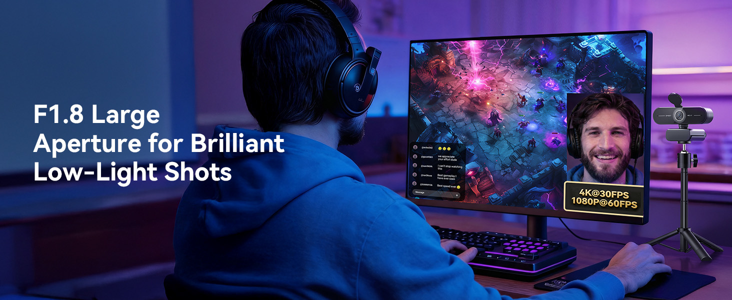 EMEET C60E 4K Webcam with Tripod F1.8 Large Aperture